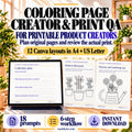 Coloring Page Creator and Print QA kit with 12 Canva layouts in A4 and US Letter, 18 prompts and a six-step workflow; collection-plan, potted-herb and watering-can example pages are shown.