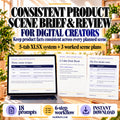 Consistent Product Scene Brief and Review System for digital creators, showing a scene-recipe table and two ebook source pages; five-tab XLSX system, 18 prompts and a six-step workflow.