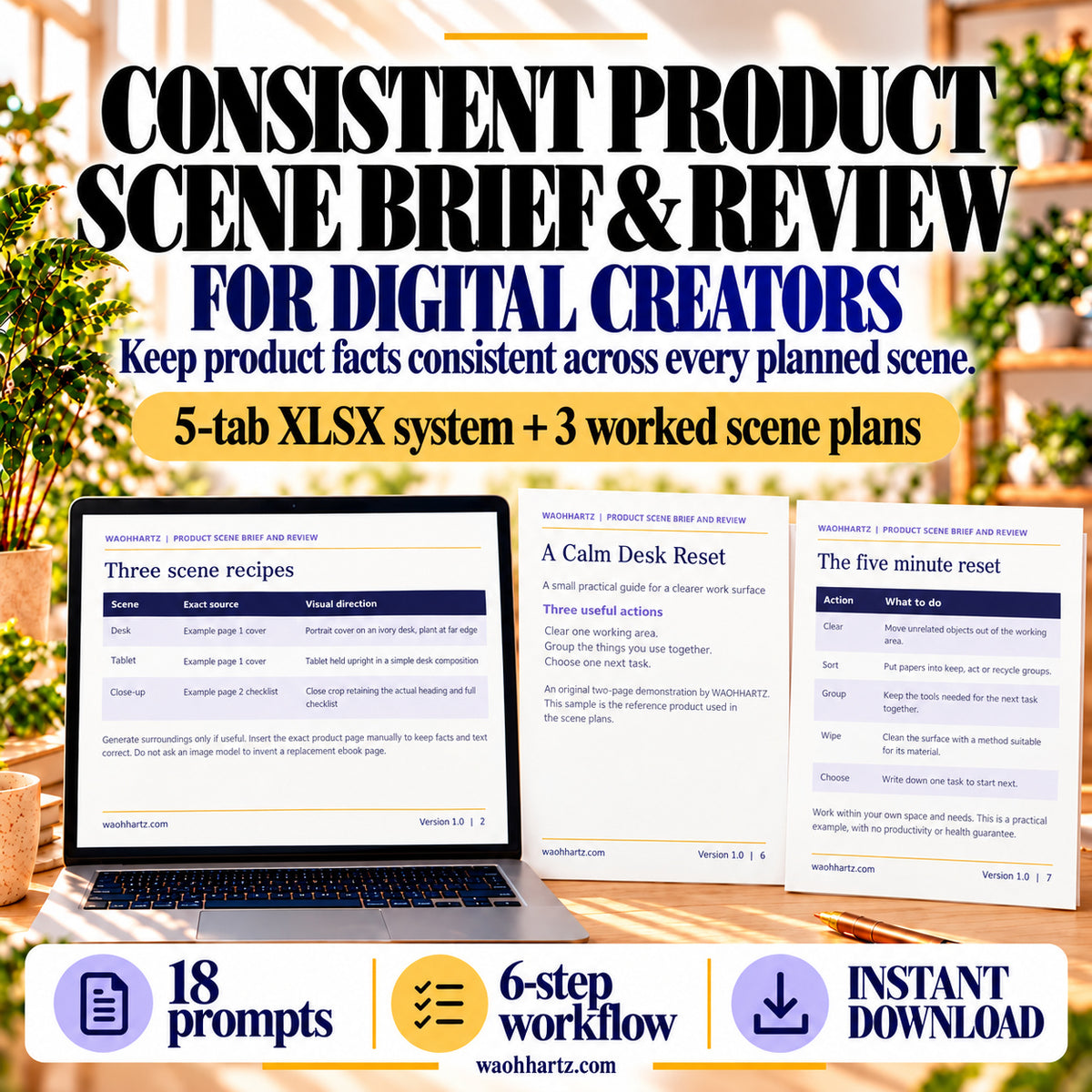 Consistent Product Scene Brief and Review System for digital creators, showing a scene-recipe table and two ebook source pages; five-tab XLSX system, 18 prompts and a six-step workflow.