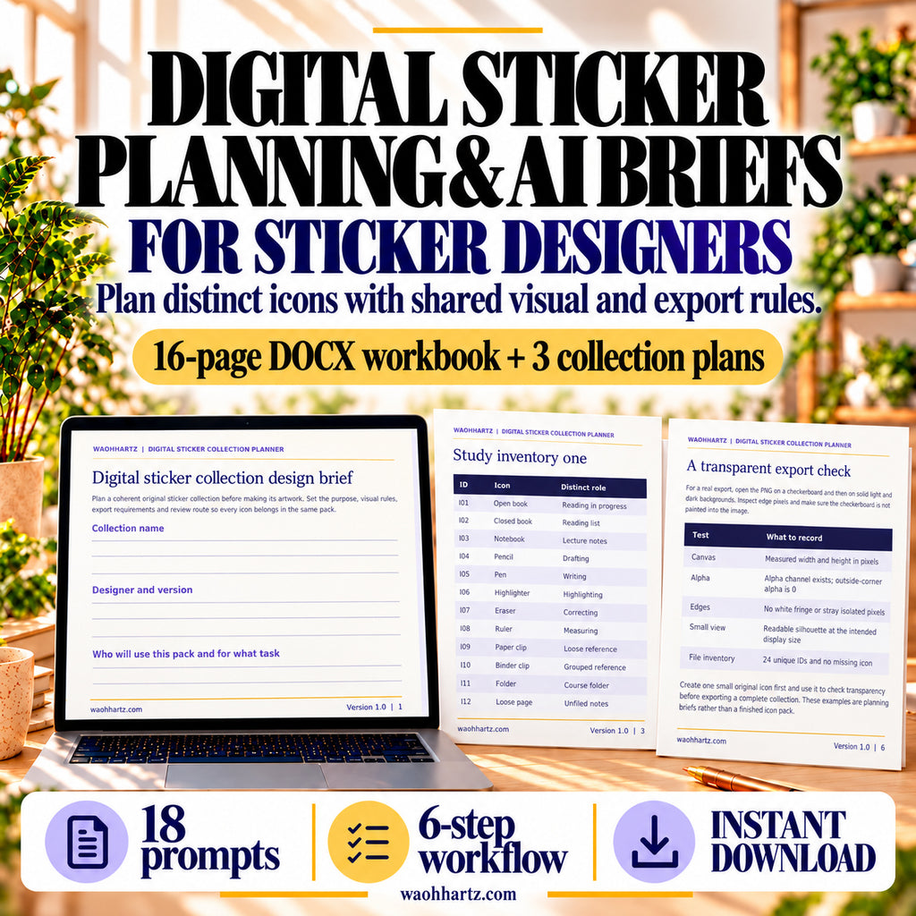 Digital Sticker Planning and AI Brief kit for designers: 16-page editable DOCX workbook, three collection plans, 18 prompts and a six-step workflow, with real workbook and example page previews.