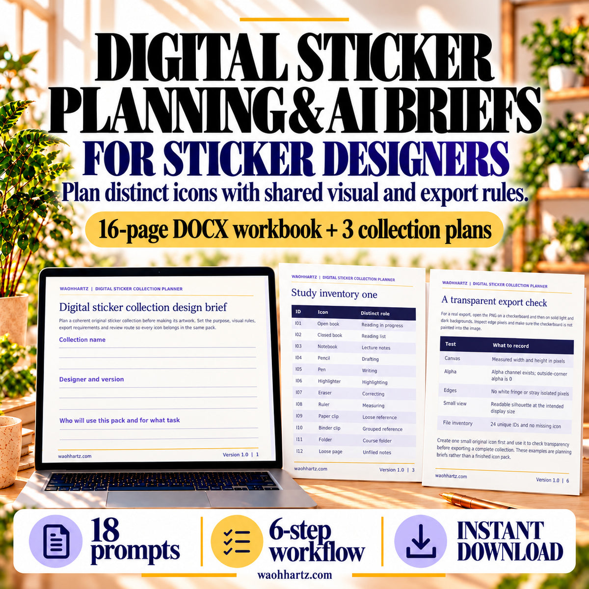 Digital Sticker Planning and AI Brief kit for designers: 16-page editable DOCX workbook, three collection plans, 18 prompts and a six-step workflow, with real workbook and example page previews.
