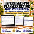 Hyperlinked PDF Planner Creator kit with a 32-page Canva starter, linked PDF example, 15 prompts and a five-step workflow. Landscape previews show the four-week overview, a week and a weekday.