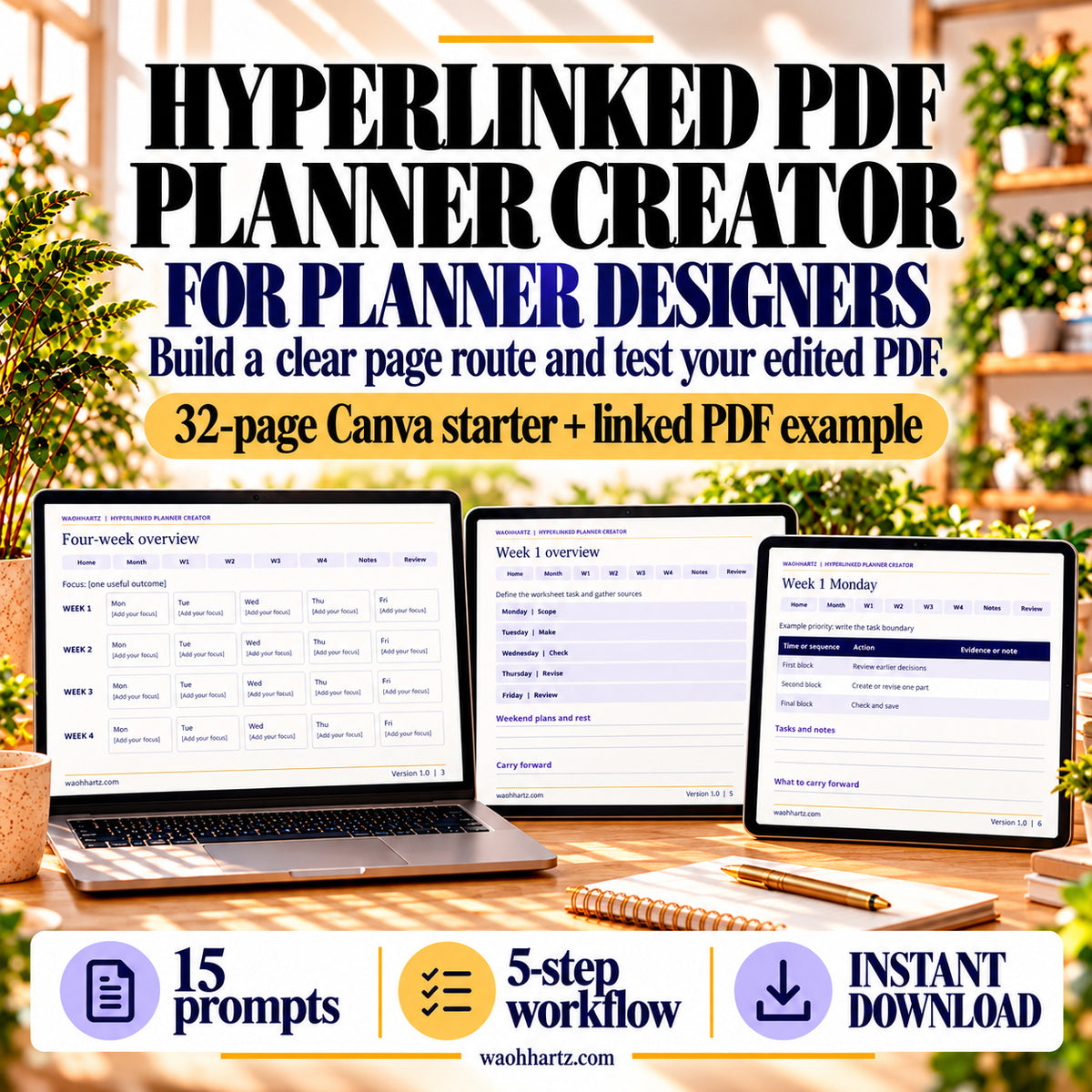 Hyperlinked PDF Planner Creator kit with a 32-page Canva starter, linked PDF example, 15 prompts and a five-step workflow. Landscape previews show the four-week overview, a week and a weekday.