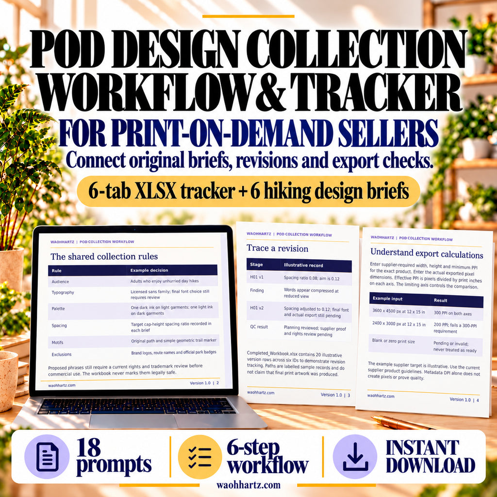 POD Design Collection Workflow and Tracker, with a six-tab XLSX tracker, six hiking design briefs, 18 prompts and a six-step workflow; rule, revision and export-check pages are previewed.