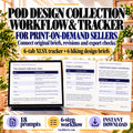 POD Design Collection Workflow and Tracker, with a six-tab XLSX tracker, six hiking design briefs, 18 prompts and a six-step workflow; rule, revision and export-check pages are previewed.