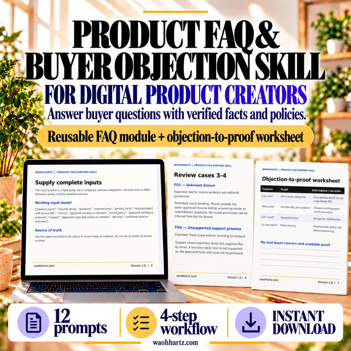 Product FAQ and Buyer Objection Skill for digital product creators, showing a reusable FAQ module and objection-to-proof worksheet, with 12 prompts and a four-step workflow.