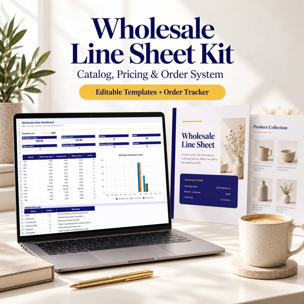 Wholesale line sheet template and order form system shown on laptop and buyer catalog mockups