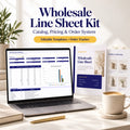 Wholesale line sheet template and order form system shown on laptop and buyer catalog mockups