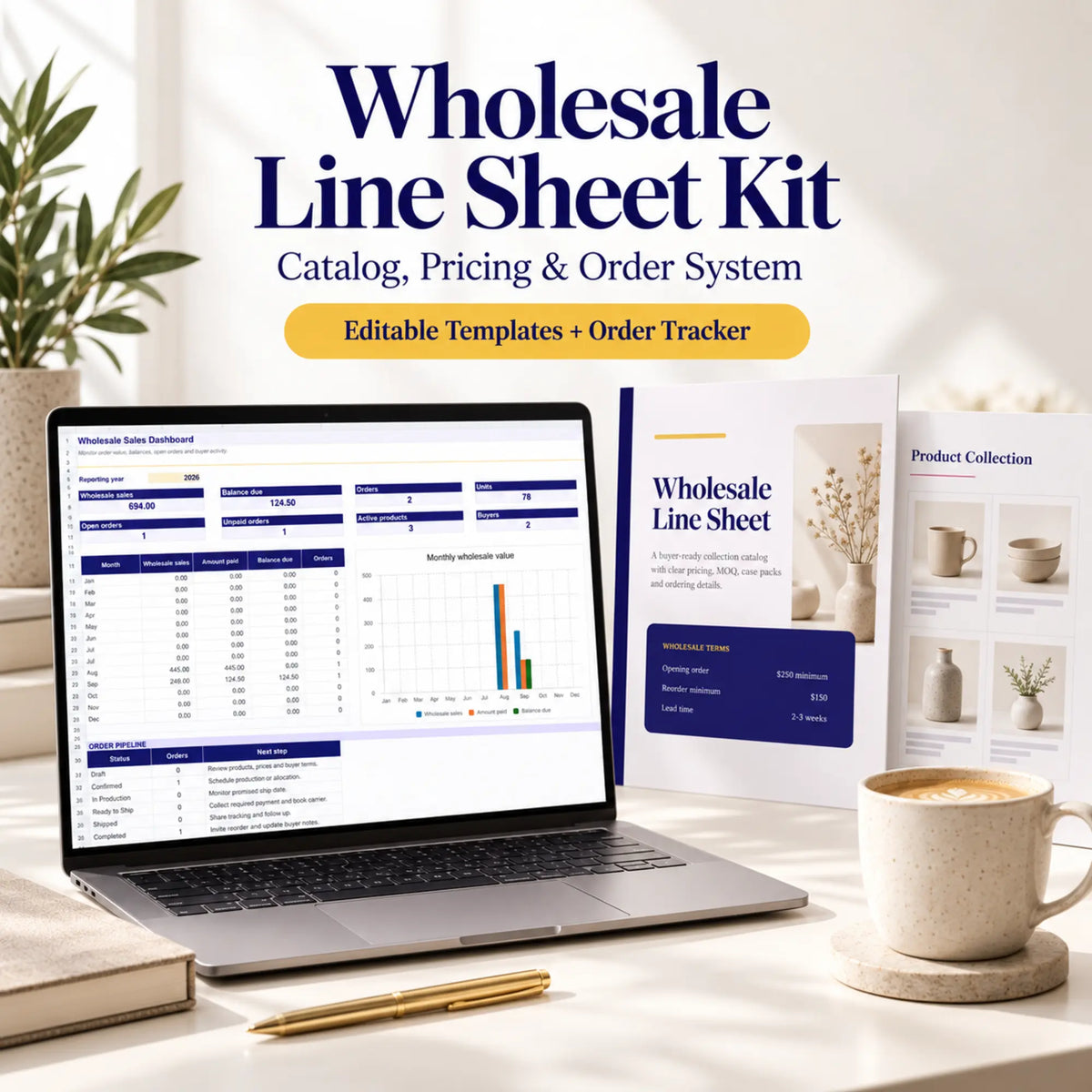 Wholesale line sheet template and order form system shown on laptop and buyer catalog mockups