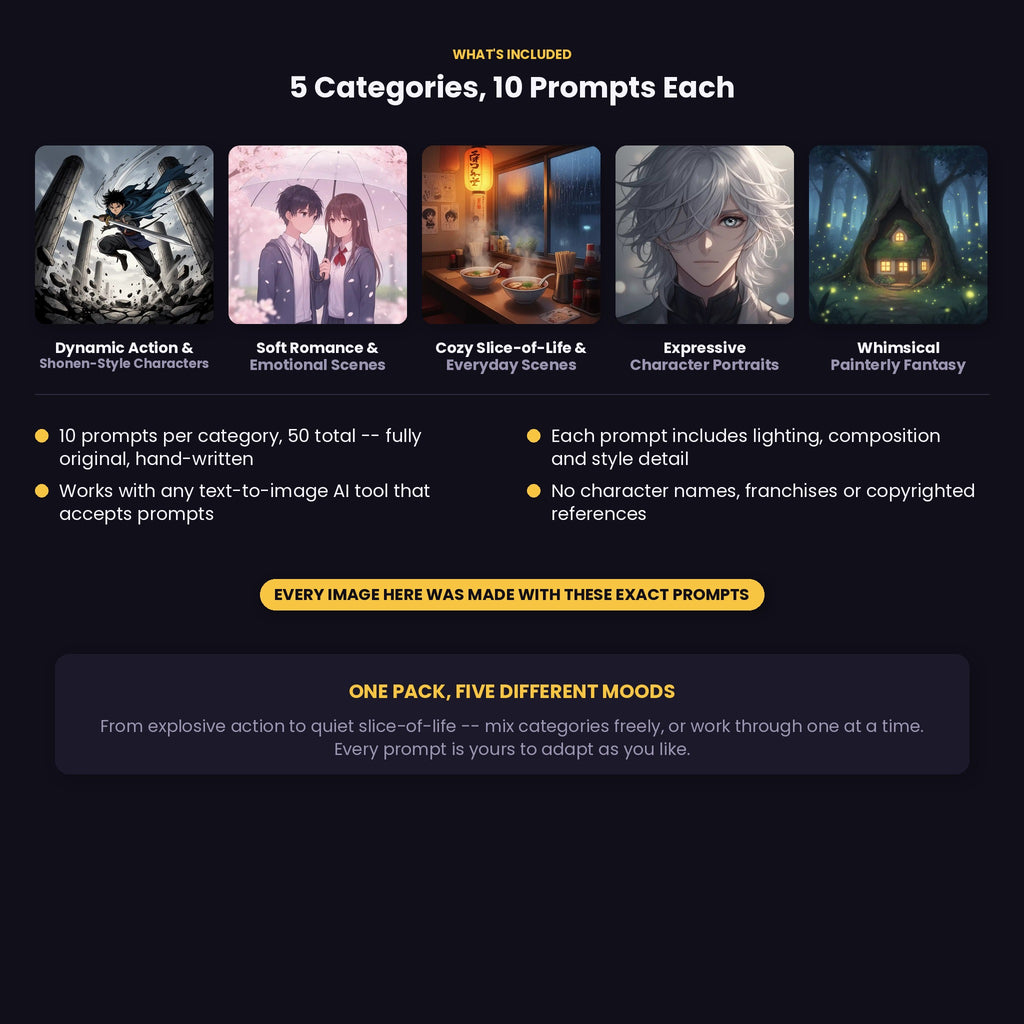 50 Anime &amp; Manga Style AI Art Prompts — Midjourney, DALL-E, Stable Diffusion — Instant Download PDF