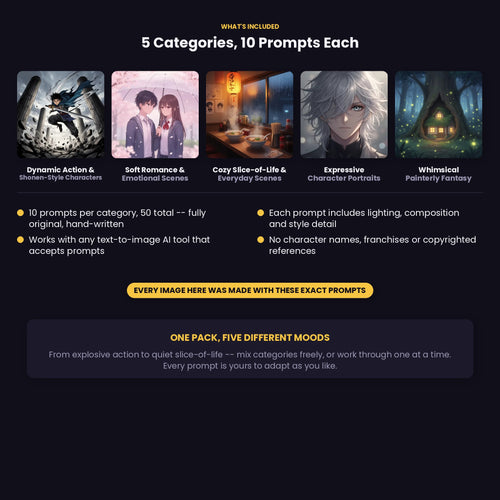 50 Anime &amp; Manga Style AI Art Prompts — Midjourney, DALL-E, Stable Diffusion — Instant Download PDF