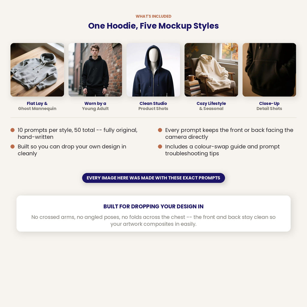 50 Hoodie Mockup AI Art Prompts — 5 Styles — Midjourney, DALL-E, Stable Diffusion — Instant Download PDF