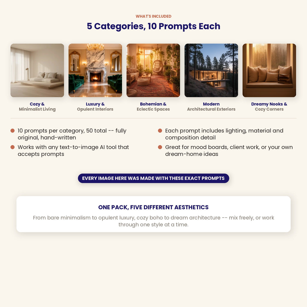 50 Interior Design &amp; Dream Home AI Art Prompts — Midjourney, DALL-E, Stable Diffusion — Instant Download PDF
