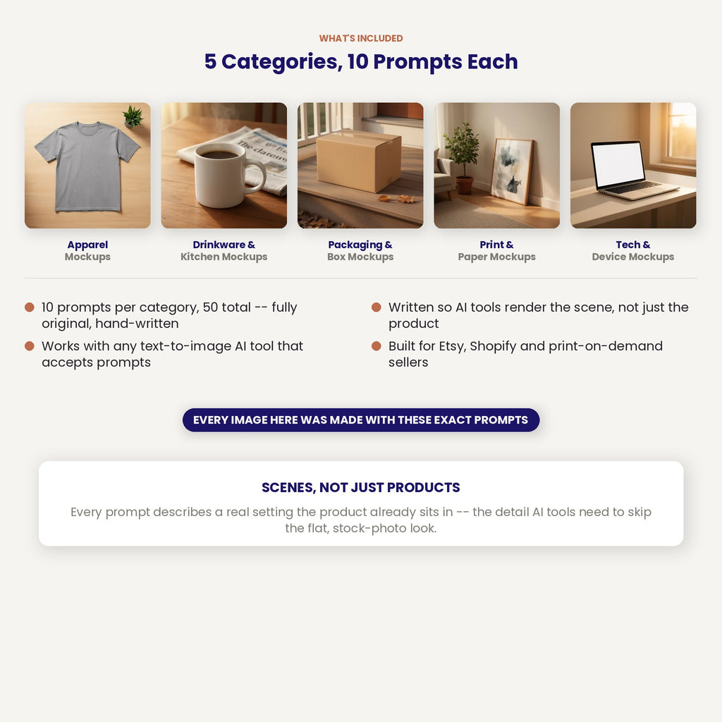 50 Product Mockup AI Art Prompts — Midjourney, DALL-E, Stable Diffusion — Instant Download PDF
