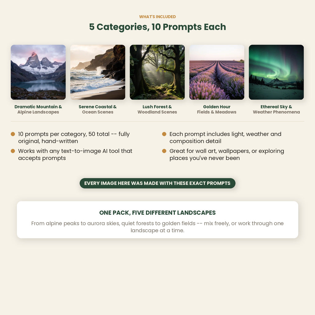 50 Nature &amp; Landscape AI Art Prompts — Midjourney, DALL-E, Stable Diffusion — Instant Download PDF