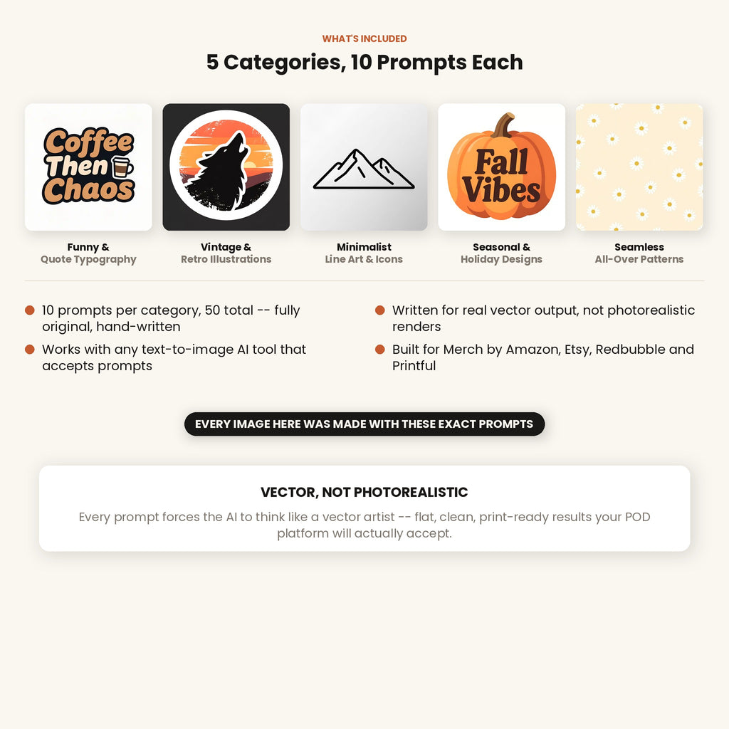 50 POD &amp; T-Shirt Design AI Prompts — Midjourney, DALL-E, Stable Diffusion — Instant Download PDF