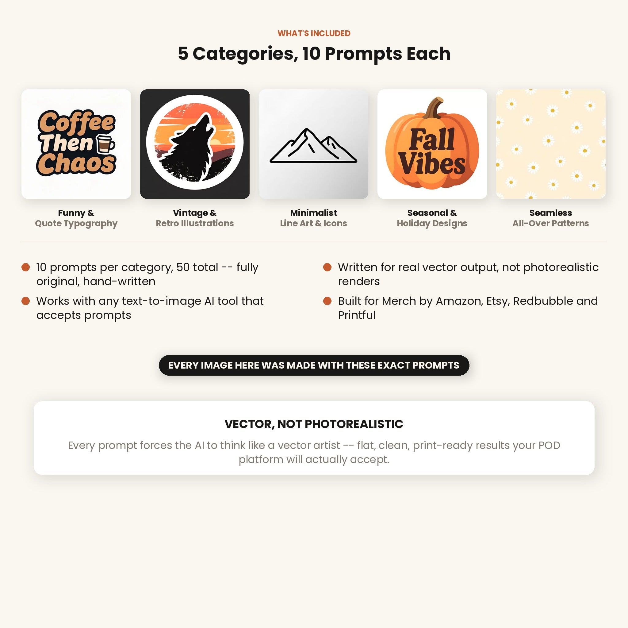 50 POD &amp; T-Shirt Design AI Prompts — Midjourney, DALL-E, Stable Diffusion — Instant Download PDF