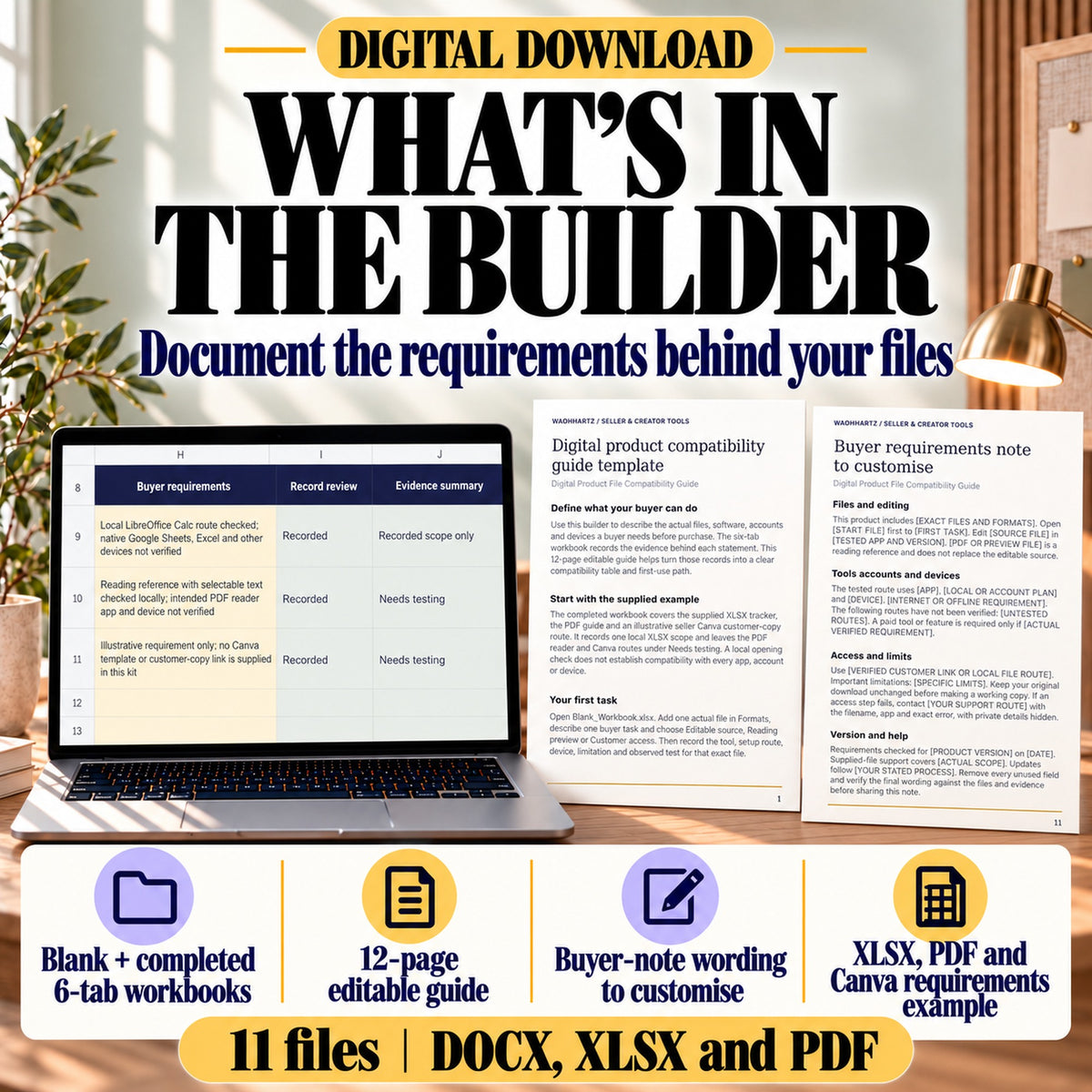 Compatibility builder contents showing blank and completed workbooks, a 12-page editable guide, buyer-note wording and an XLSX PDF Canva requirements example.