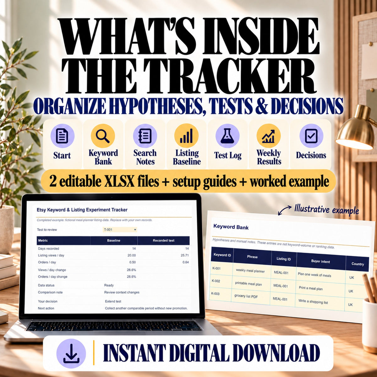 Seven tracker tabs: Start, Keyword Bank, Search Notes, Listing Baseline, Test Log, Weekly Results and Decisions.