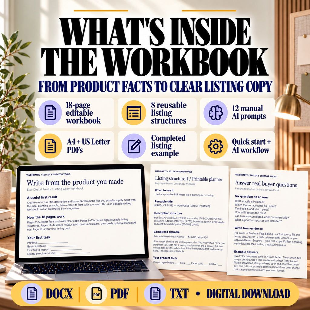 Etsy workbook contents showing 18 editable pages, eight copy structures, twelve prompts, PDF editions and worked example.