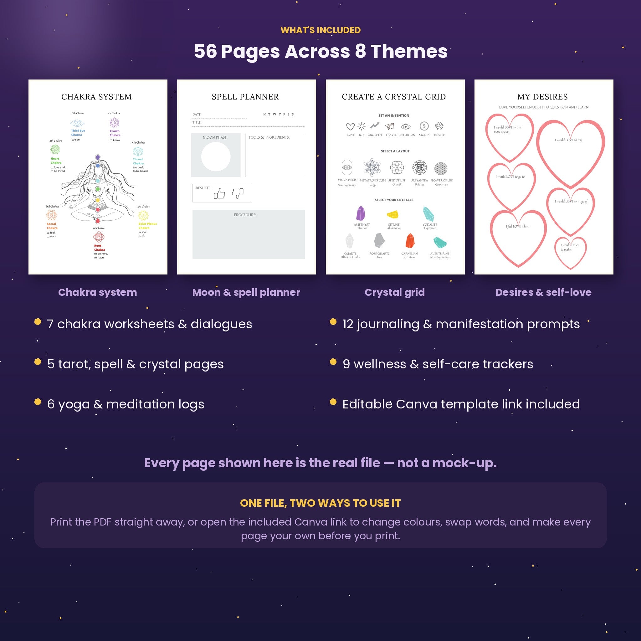 Spiritual & Awakening Journal | 56-Page Printable PDF + Editable Canva Template | Meditation, Chakra, Tarot &amp; Manifestation