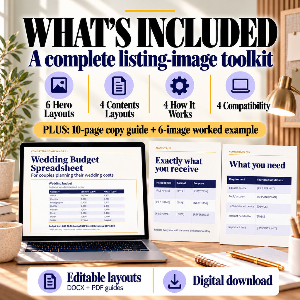 Listing image toolkit contents: six hero layouts, four contents layouts, four workflow layouts, four compatibility layouts, a 10-page guide and six-image example.