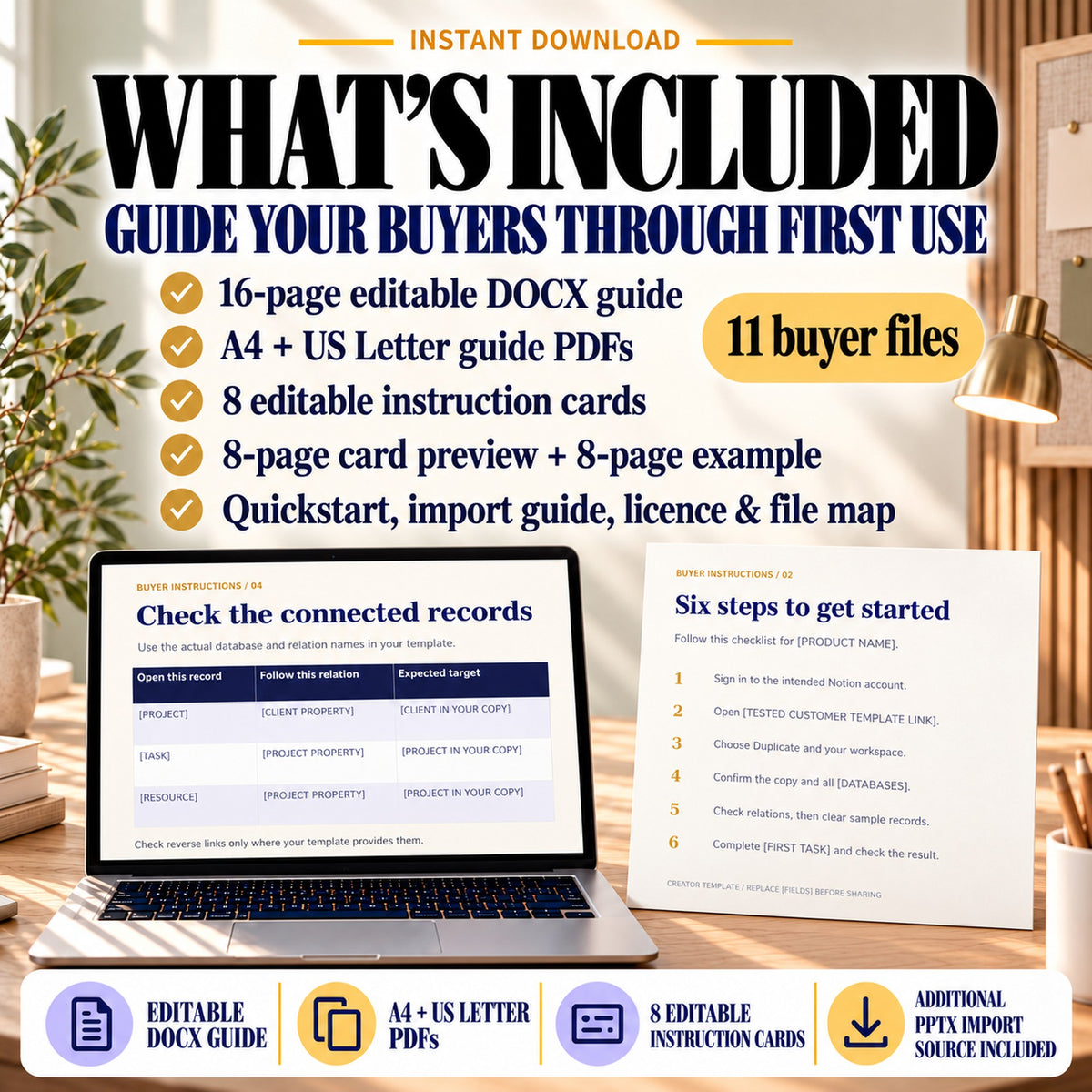 Contents of the Notion instructions kit showing 11 buyer files, DOCX and two PDF paper sizes, eight cards and an eight-page example.