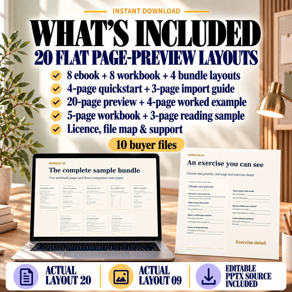 Page preview kit contents: 20 layouts, setup and import guides, worked example, sample PDFs and 10 buyer files.