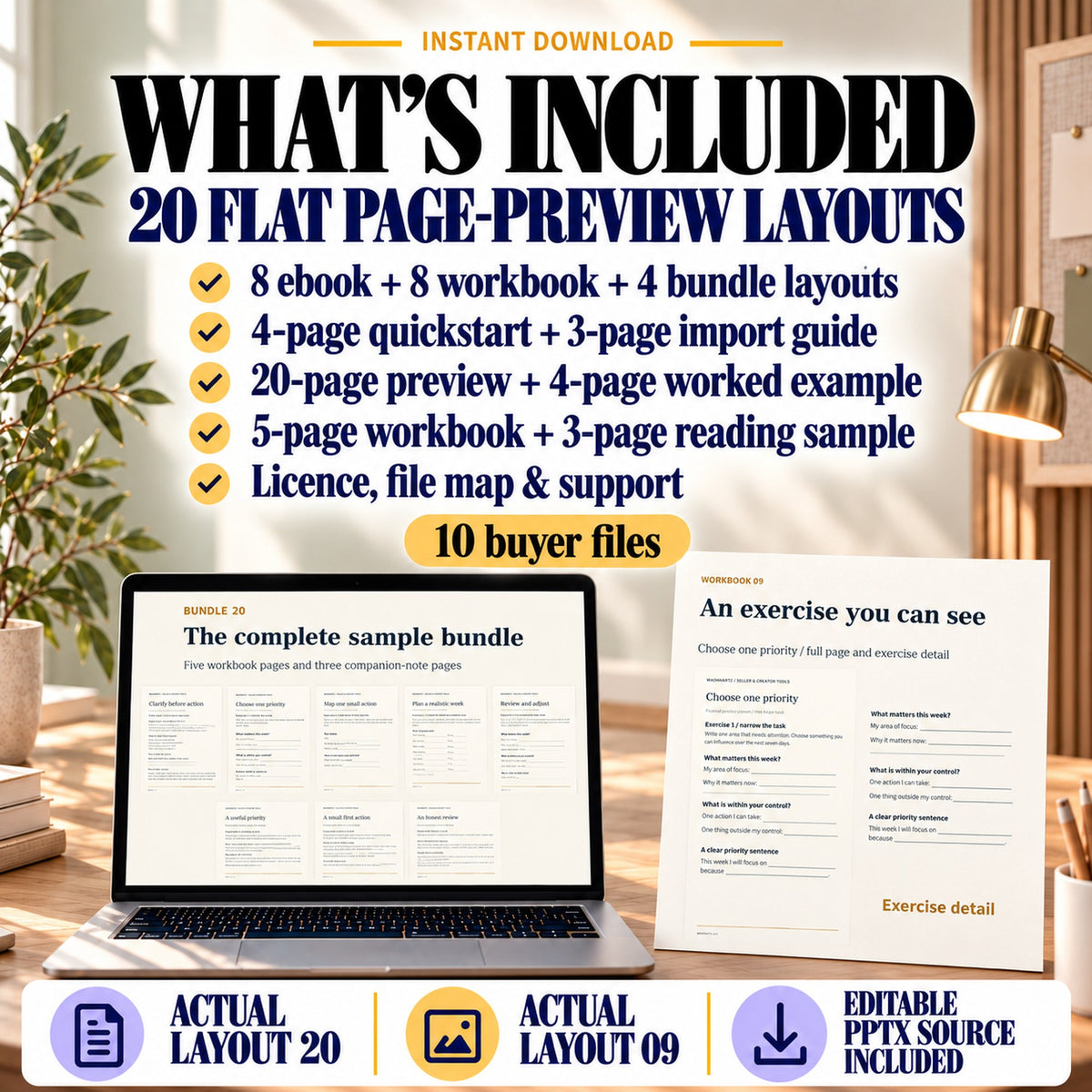 Page preview kit contents: 20 layouts, setup and import guides, worked example, sample PDFs and 10 buyer files.