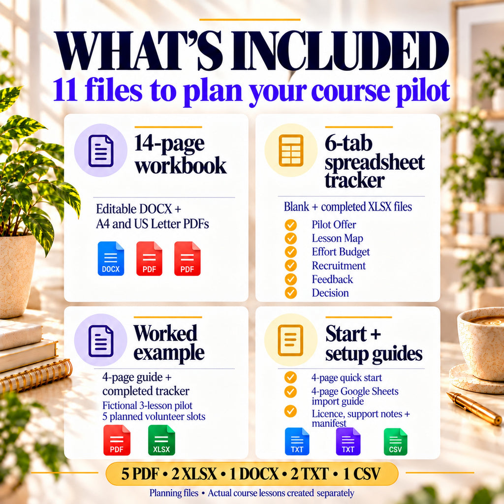 Mini course planner template: 11 files including 14-page workbook, six-tab trackers, fictional worked example and setup guides