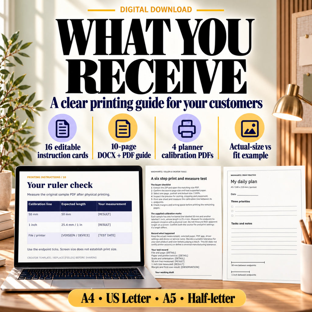Printing instruction kit contents with editable cards, DOCX and PDF guide, four calibration PDFs and a worked example.