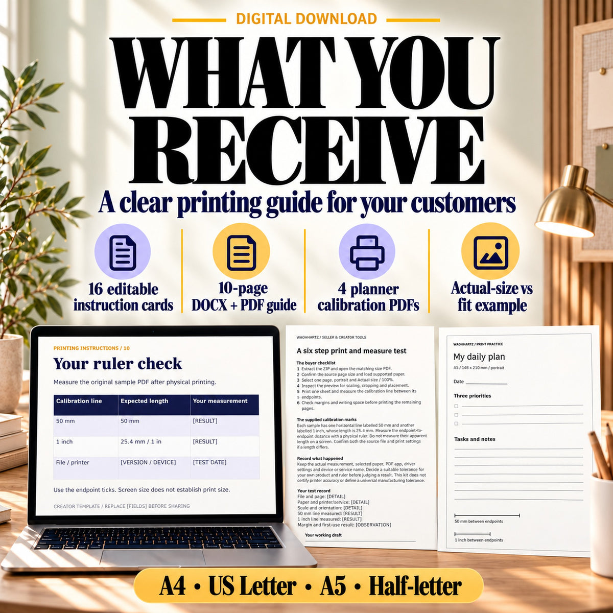 Printing instruction kit contents with editable cards, DOCX and PDF guide, four calibration PDFs and a worked example.