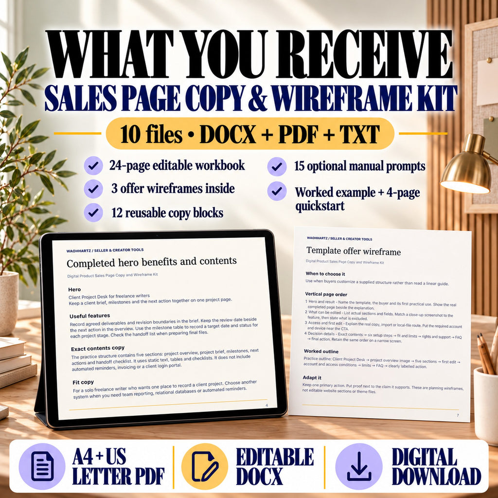Contents of the sales page writing kit: 24-page workbook, three wireframes, 12 copy blocks, 15 prompts and guides.
