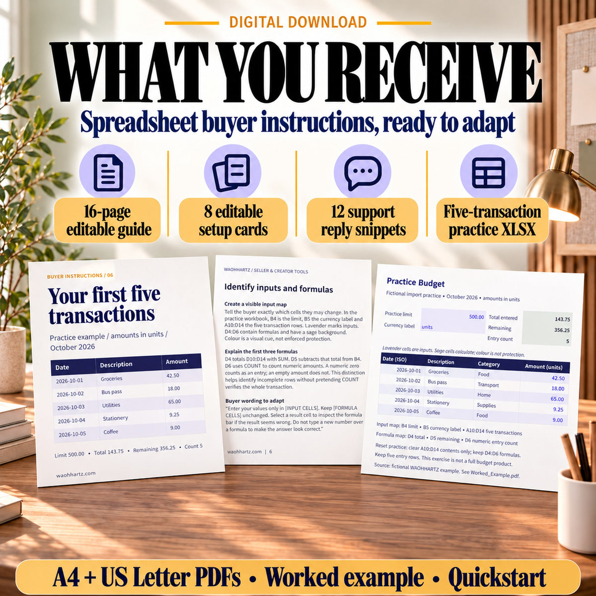 Contents of the spreadsheet buyer guide: 16-page guide, eight setup cards, 12 support replies and practice XLSX.