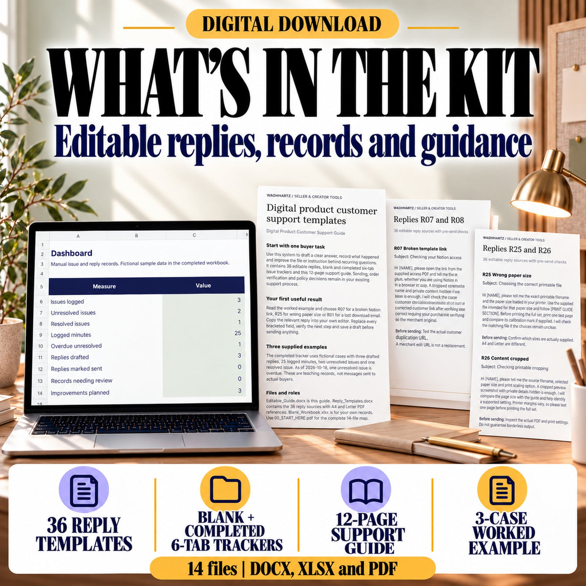 Support reply kit contents with 36 templates, blank and completed trackers, a 12-page support guide and three-case worked example across 14 files.