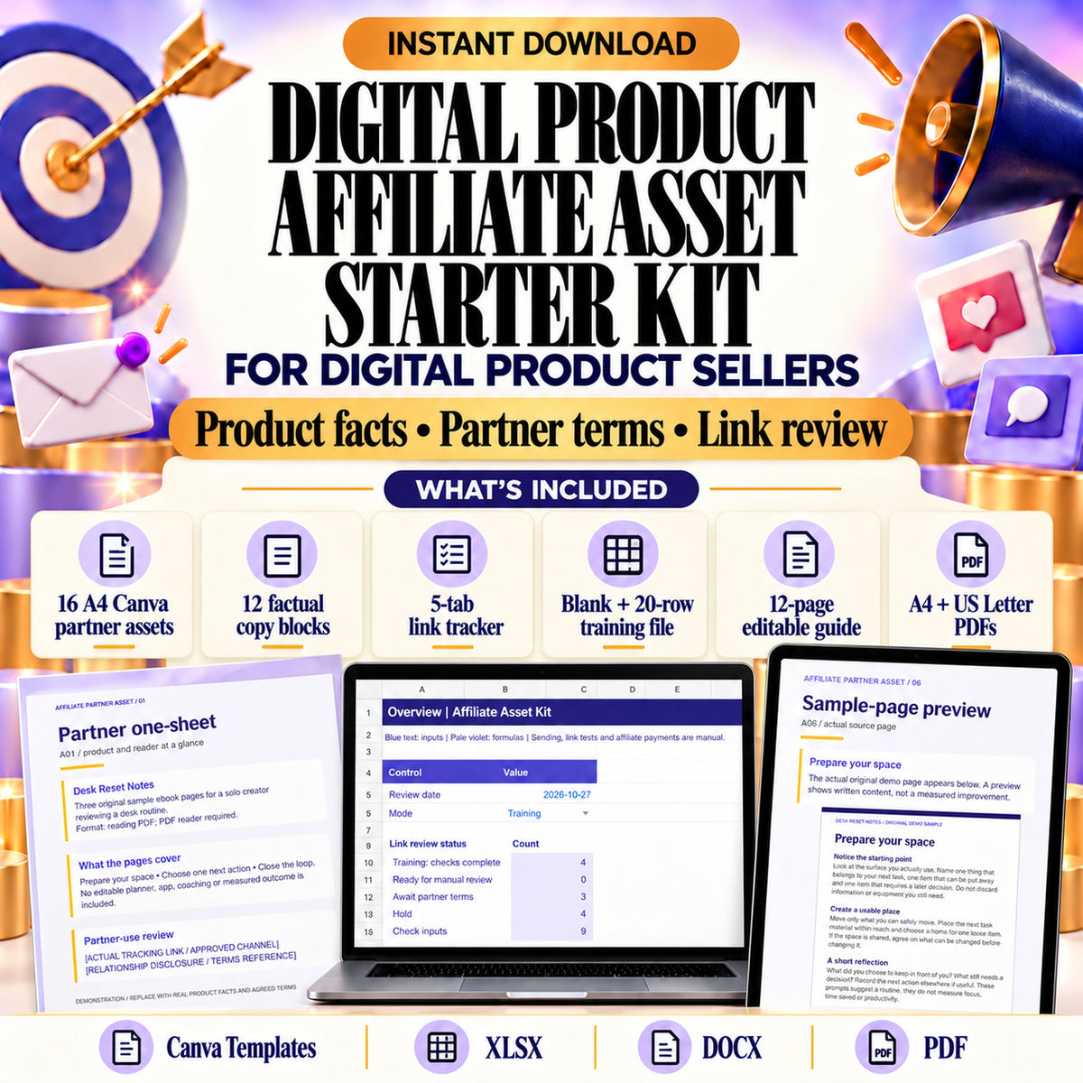 Included A4 Canva partner assets, editable copy guide, blank and simulated training XLSX workbooks and two paper-size PDFs