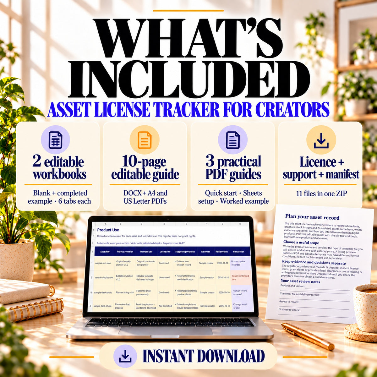 Asset license tracker contents: blank and completed workbooks, editable guide, PDFs and supporting files