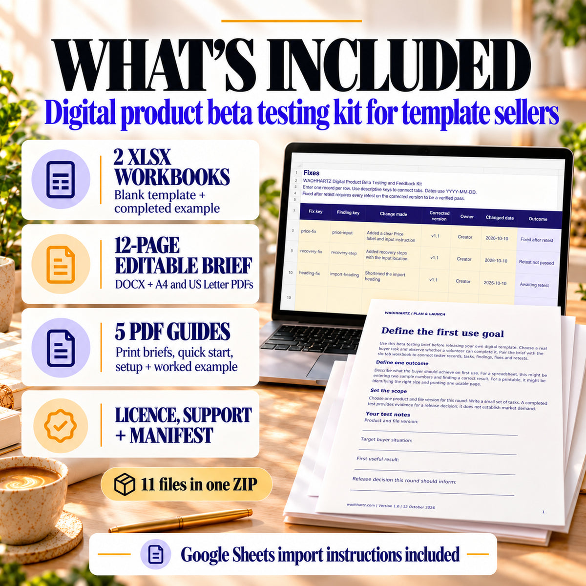 Beta testing kit contents: blank and example XLSX workbooks, editable DOCX brief, five PDF guides, licence and file manifest