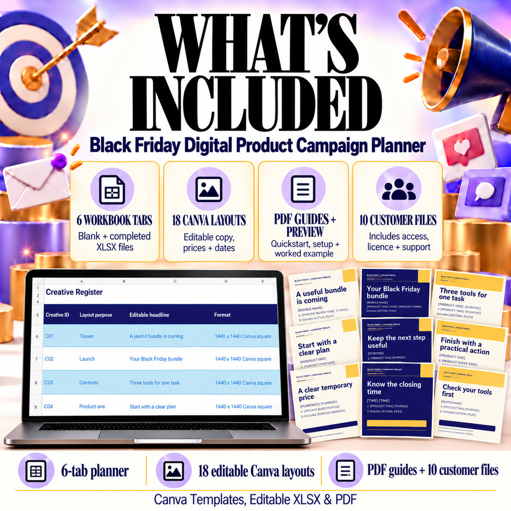 Six-tab blank and completed campaign workbooks, eighteen editable Canva layouts and ten intended customer files with PDF guides.