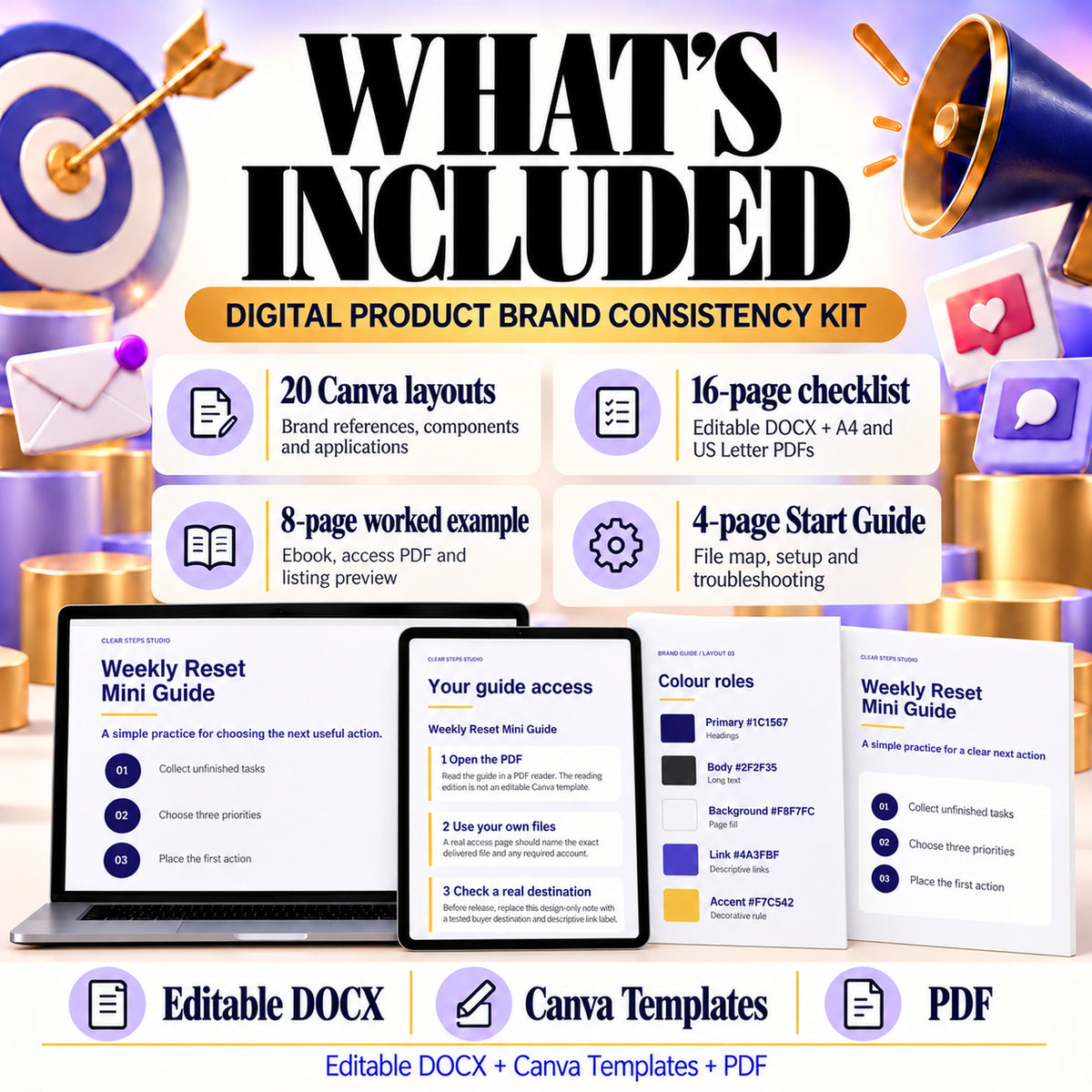 Kit contents: 20 Canva layouts, 16-page editable DOCX checklist with A4 and US Letter PDFs, eight-page example and four-page Start Guide.