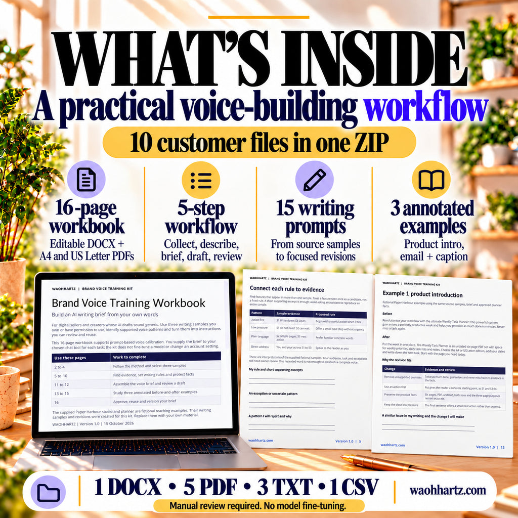 Brand Voice Training Kit contents: 16-page workbook, five-step workflow, 15 prompts and three annotated examples in ten files.