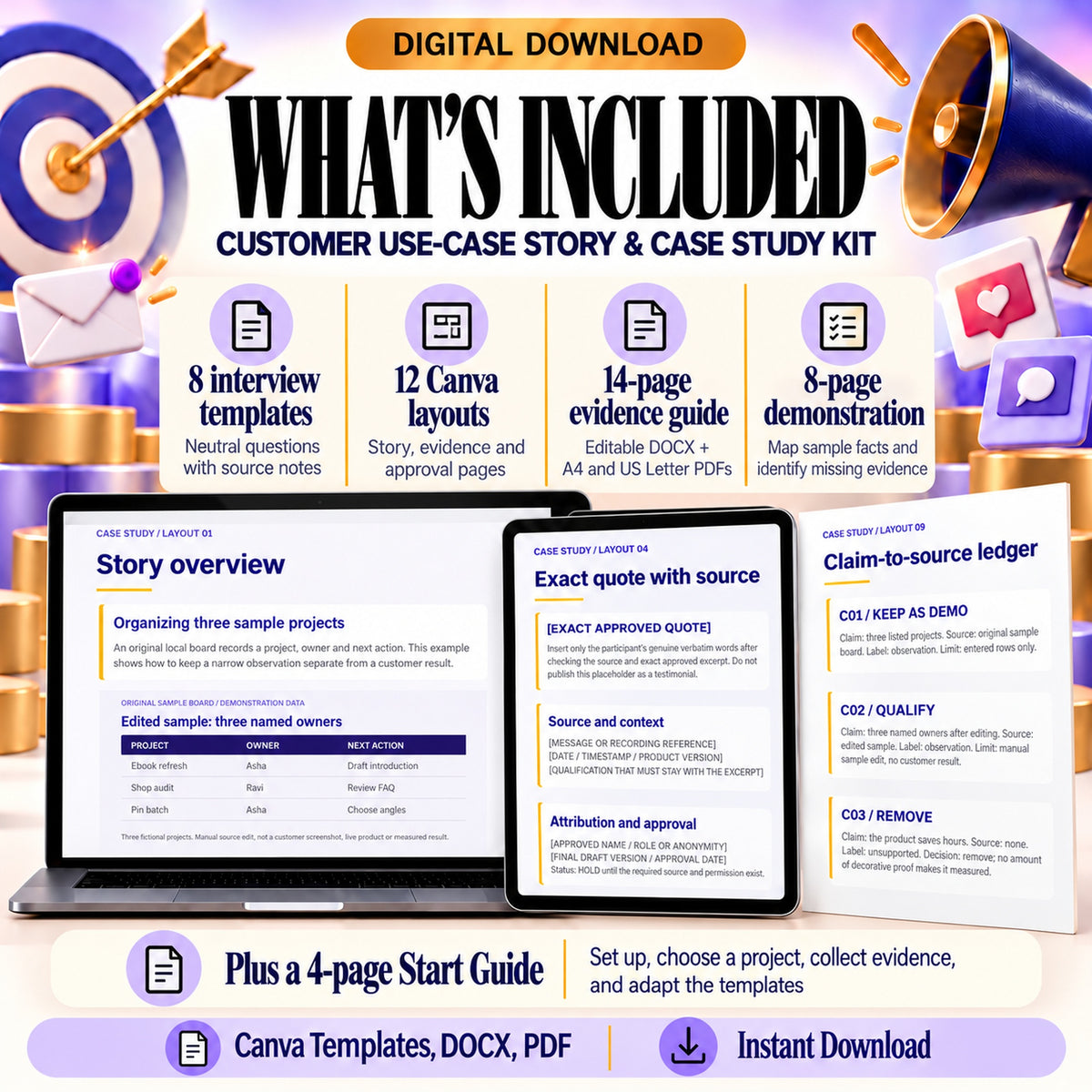 Case-study kit contents: eight interview templates, twelve Canva layouts, fourteen-page guide, eight-page demonstration and four-page Start Guide.