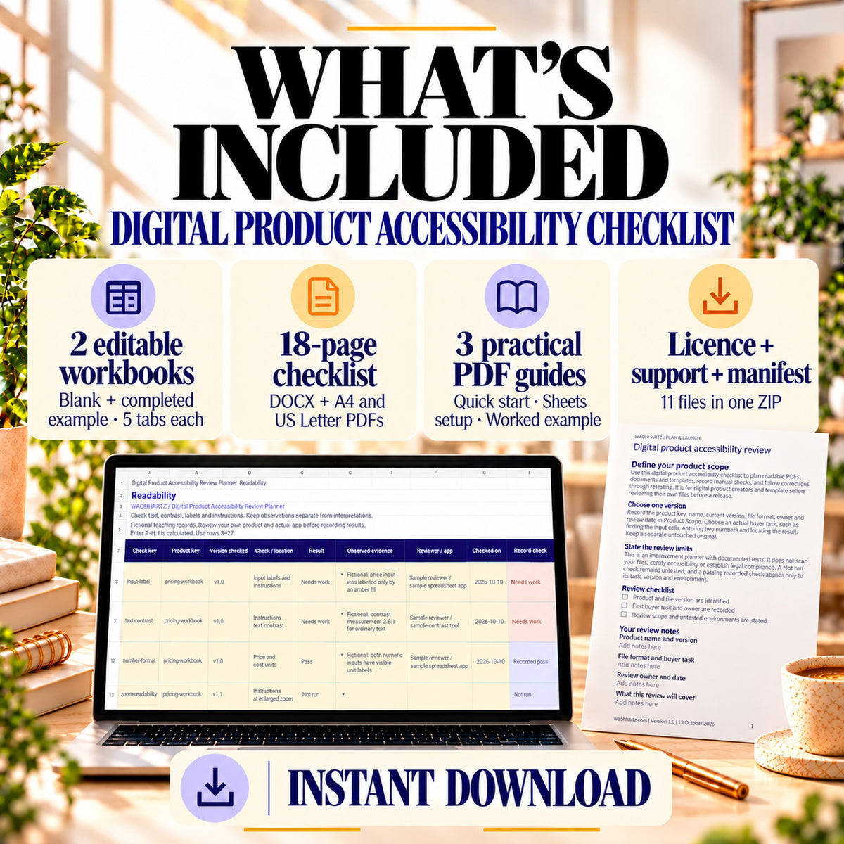 Includes two editable five-tab workbooks, an 18-page DOCX checklist with A4 and US Letter PDFs, quick start, Sheets setup, worked example, licence, support and manifest. Eleven files in one ZIP. Instant download.