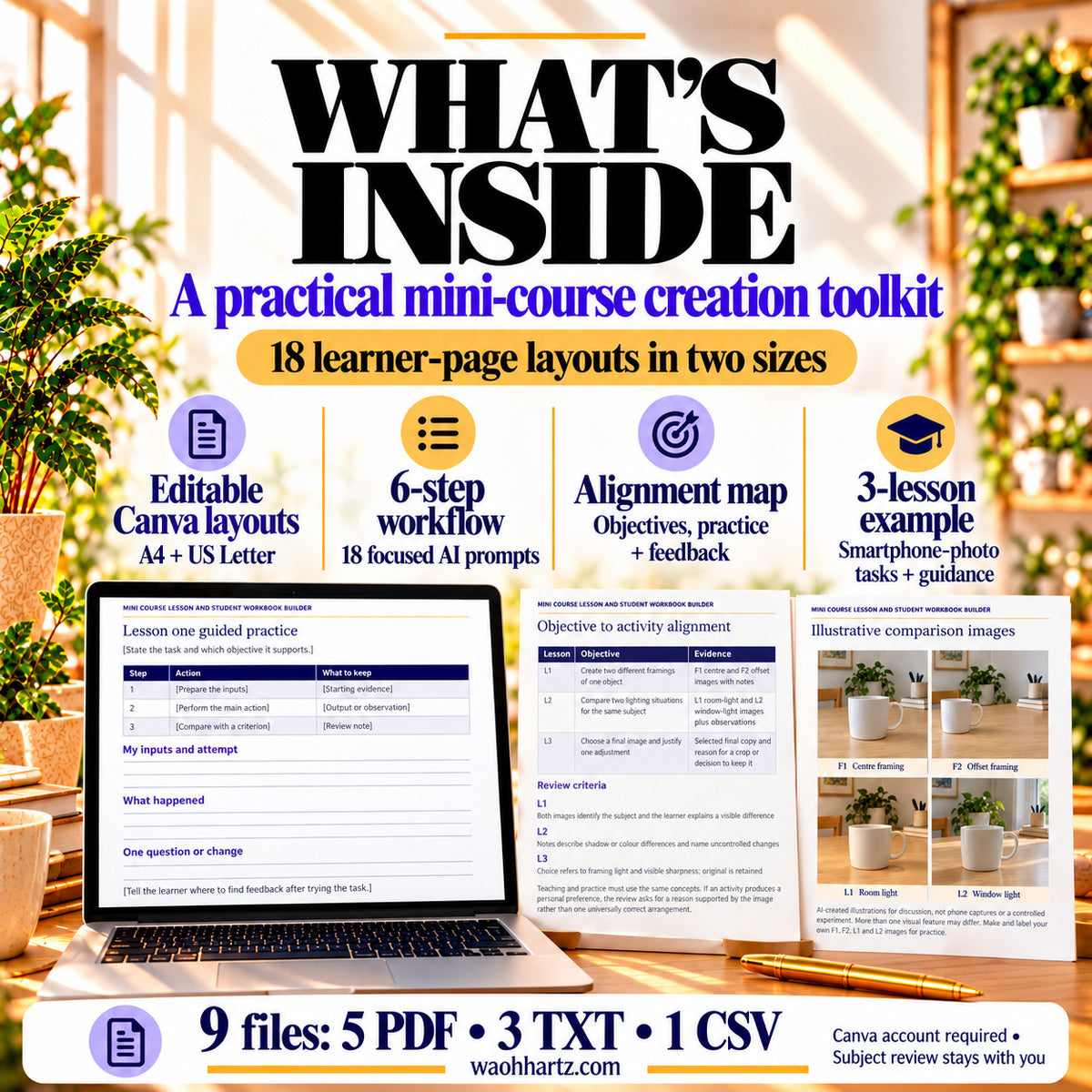 Mini-Course Builder contents: 18 editable Canva layouts in A4 and US Letter, six-step workflow, 18 prompts and a three-lesson example.