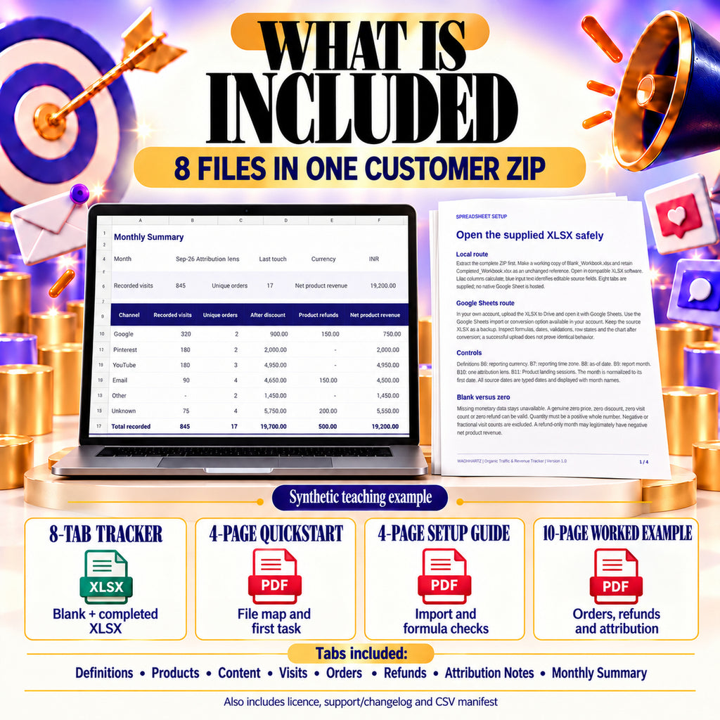 Eight-file tracker package: blank and completed eight-tab XLSX workbooks, four-page quickstart, four-page setup, ten-page worked example, licence, support and CSV manifest.