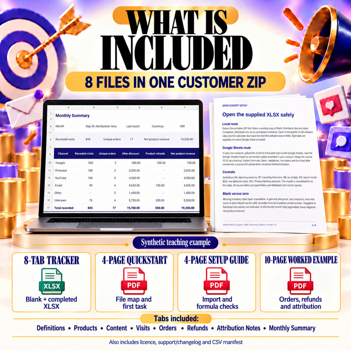 Eight-file tracker package: blank and completed eight-tab XLSX workbooks, four-page quickstart, four-page setup, ten-page worked example, licence, support and CSV manifest.