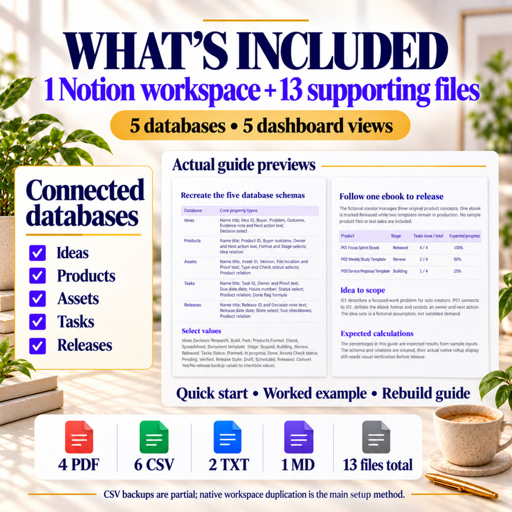 Digital Product Creator OS for Notion includes five databases, five dashboard views and 13 supporting files, with previews of the supplied rebuild guide and worked example.