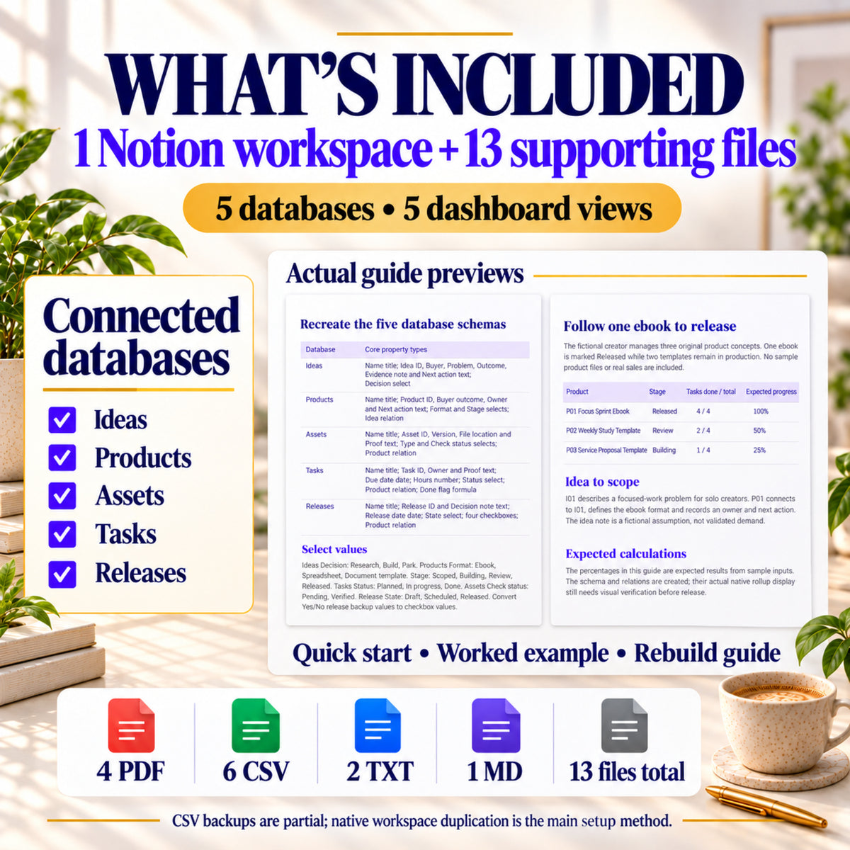 Digital Product Creator OS for Notion includes five databases, five dashboard views and 13 supporting files, with previews of the supplied rebuild guide and worked example.