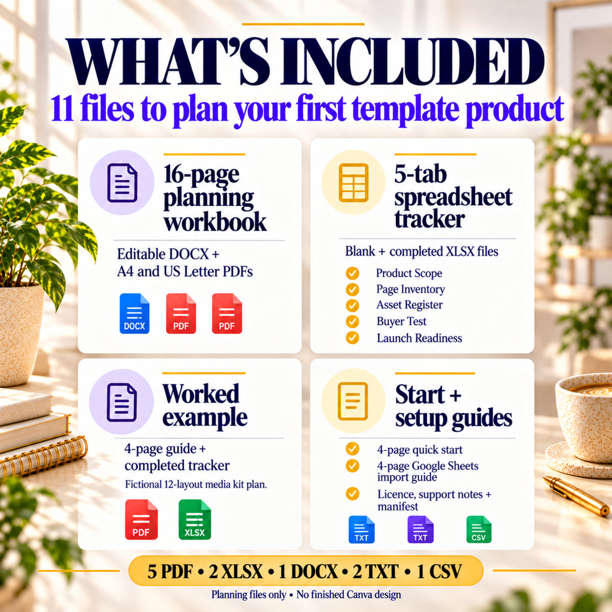 Eleven-file planning kit contents: 16-page workbook, two five-tab spreadsheets, fictional media-kit plan, guides and support files.