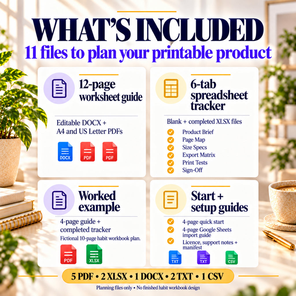 Eleven-file printable product planning kit with 12-page guide, blank and completed six-tab trackers, worked example and setup guides.